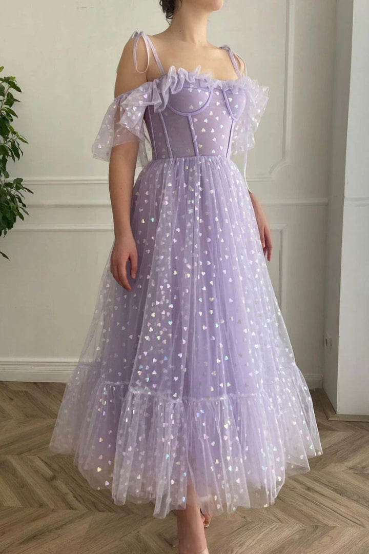 Luolandi Purple Tulle Short Prom Dresses A-Line Off the Shoulder Evening Dresses Beautiful