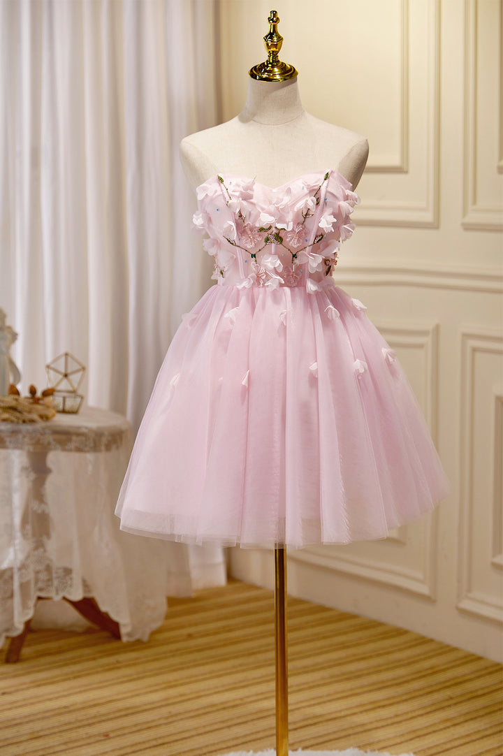 Luolandi Pink Tulle Short Prom Dress Pink A-Line Strapless Homecoming Dress With Flowers