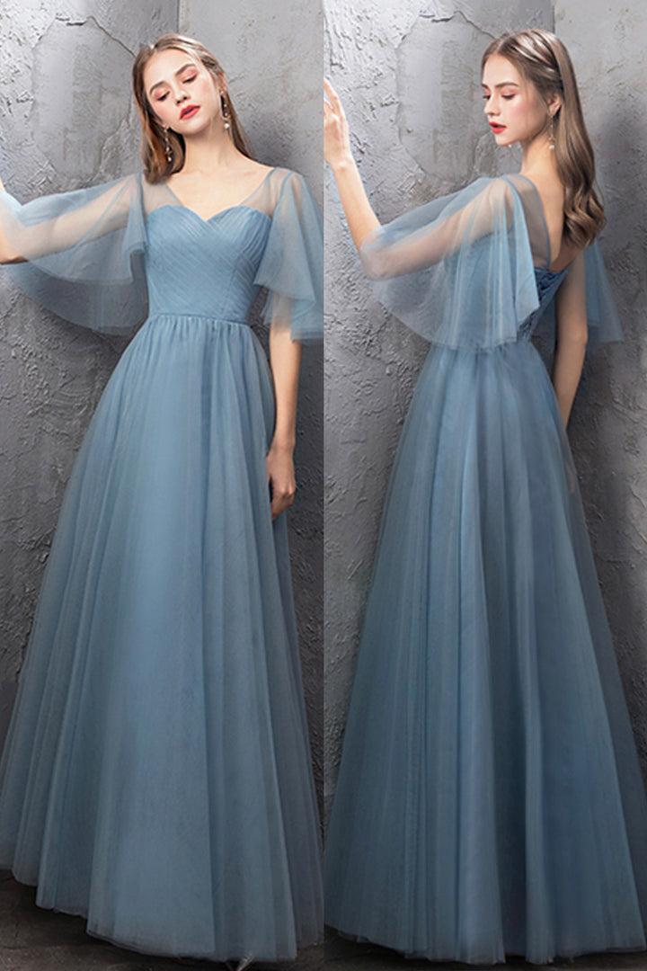 Luolandi Blue Tulle Long Prom Dresses A-Line Simple Evening Dresses Floor Length