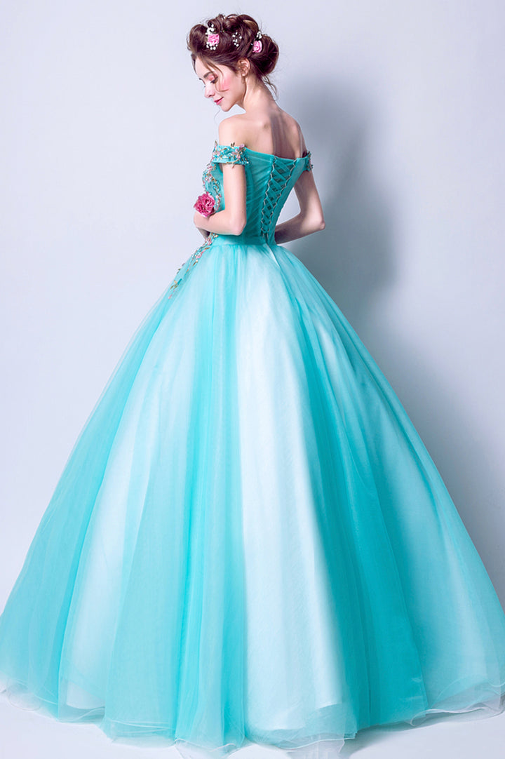 Luolandi Blue Tulle Lace Long Prom Dresses A-Line Off the Shoulder Evening Dresses With Flowers