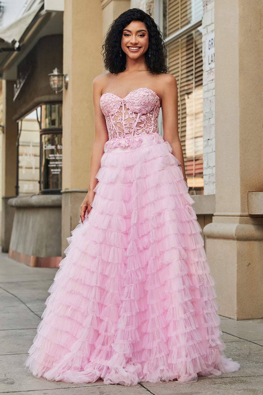 Luolandi Pink A Line Sweetheart Pleated Tiered Long Prom Dress Off Shoulder Floor Length