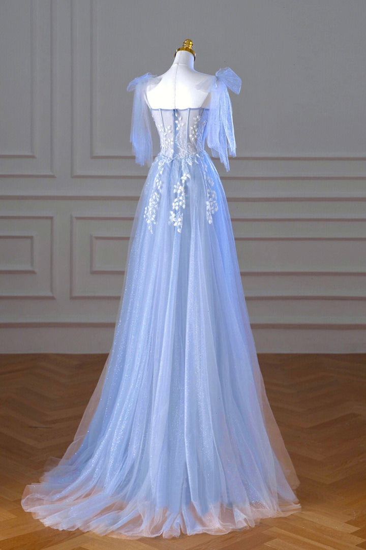 Luolandi Blue Spaghetti Strap Tulle Lace Long Prom Dress A-Line Evening Party Dress Beautiful
