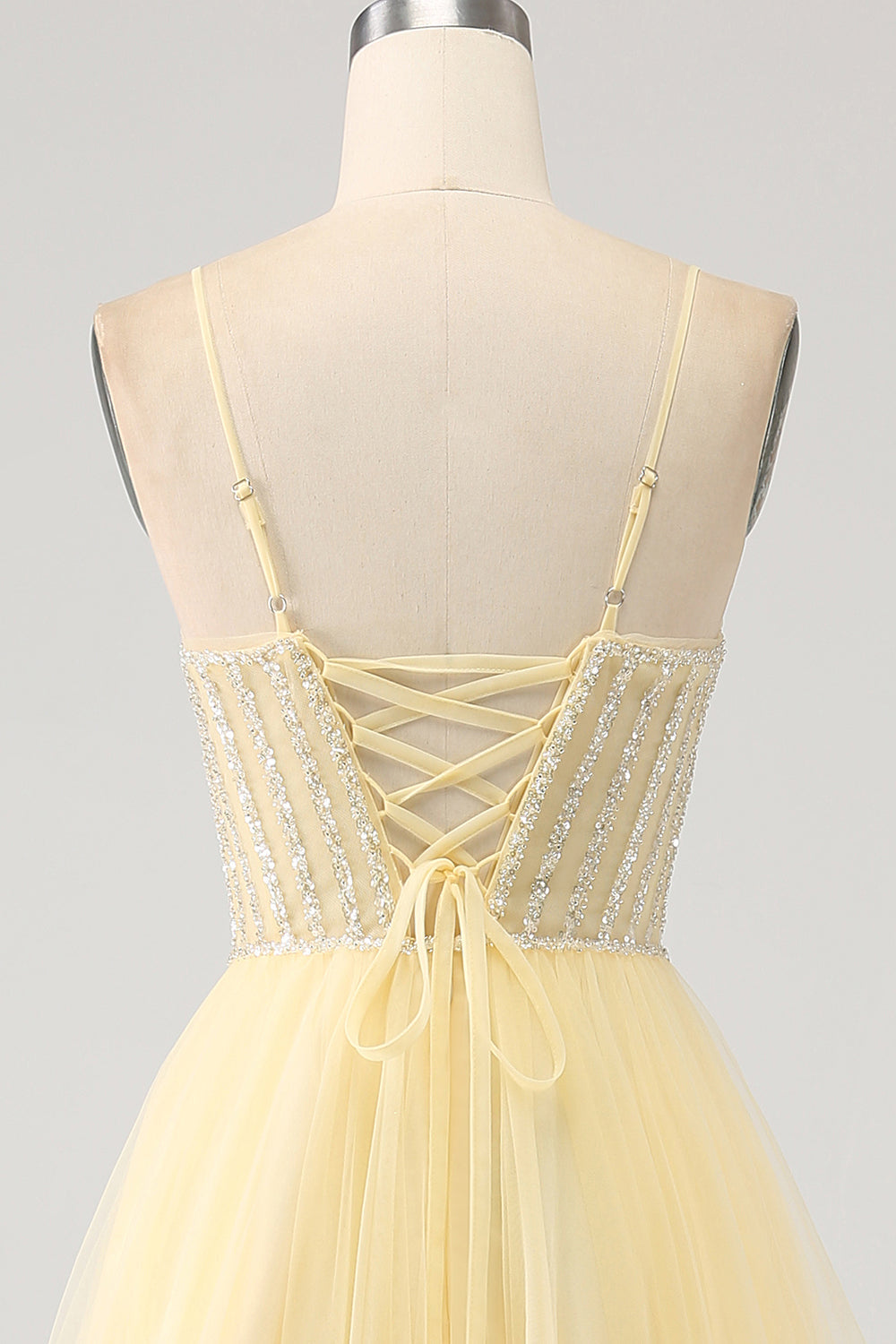 Luolandi Light Yellow A-Line Spaghetti Straps Beaded Tulle Prom Dress with Slit Floor Length Sexy