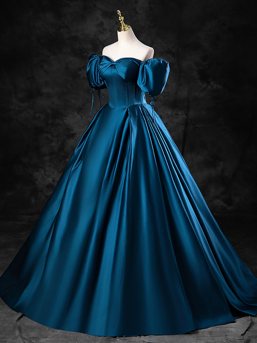Luolandi Blue Satin Off the Shoulder Floor Length Prom Dress A-Line Party Dress