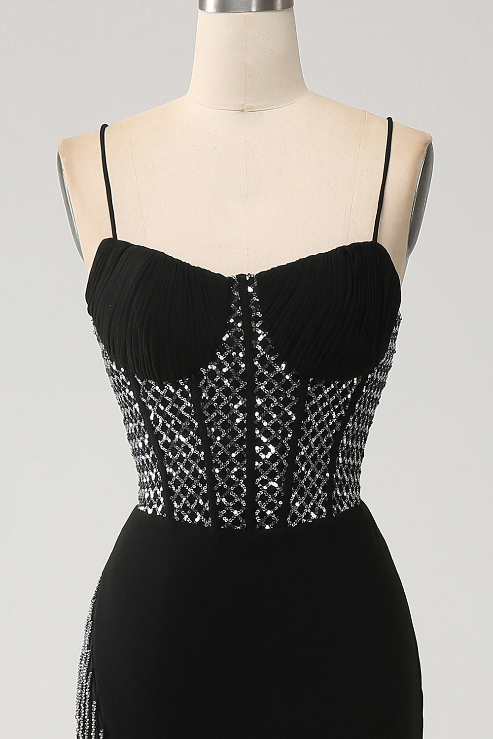 Luolandi Gorgeous Black Mermaid Spaghetti Straps Strapless Sequin Prom Dresses with Slit Sexy Evening Dresses