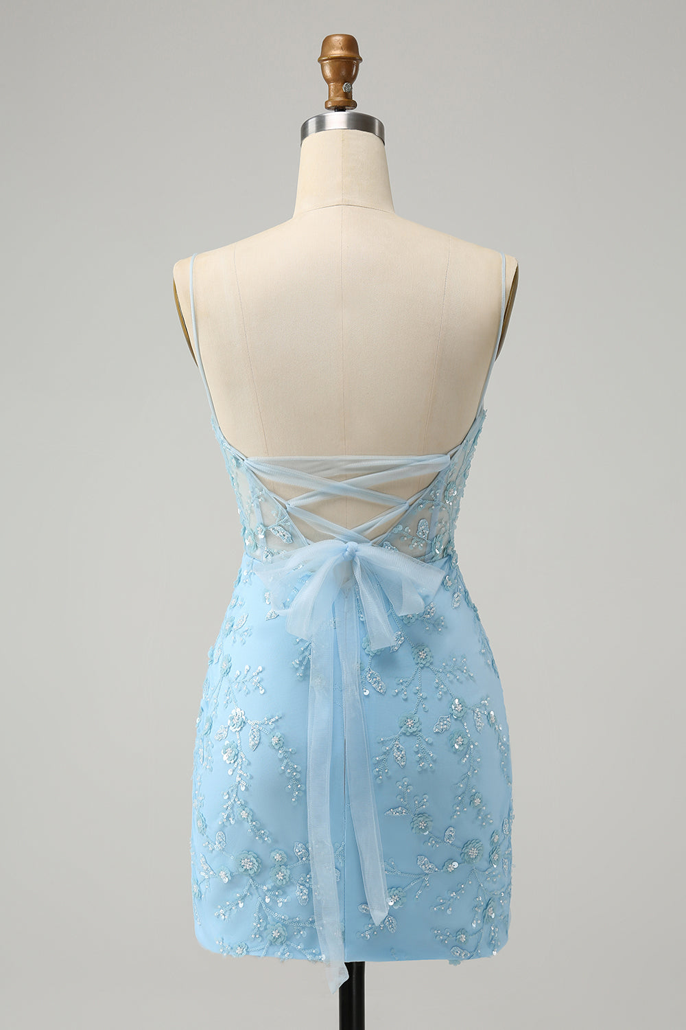 Luolandi Stylish Blue Bodycon Spaghetti Straps Lace Up Back Short Homecoming Dress with Appliques Beautiful