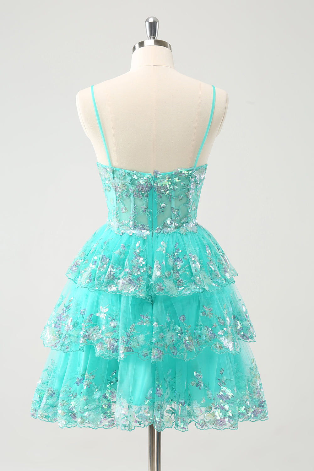 Luolandi Cute Sparkly Green A Line Spaghetti Straps Corset Tiered Short Homecoming Dress Sexy