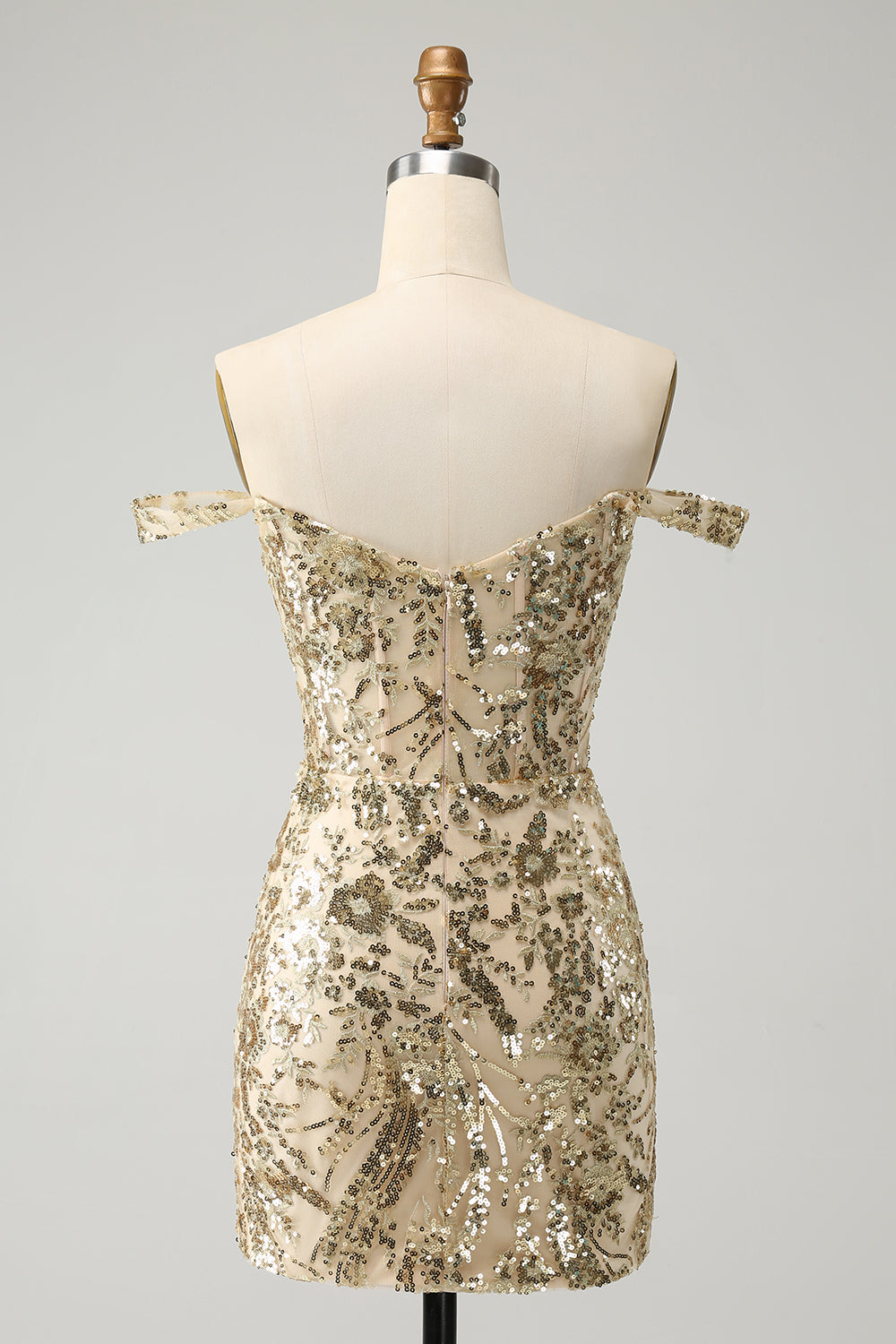 Luolandi Sparkly Golden Bodycon Off The Shoulder Corset Homecoming Dress with Sequins Sexy
