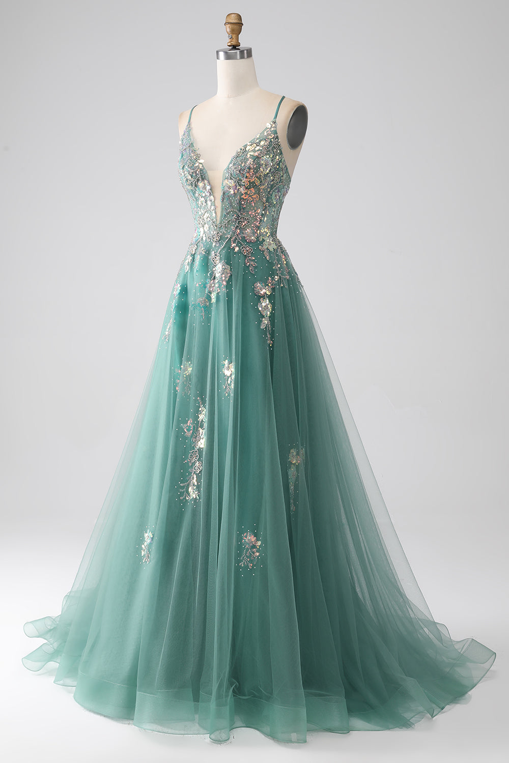 Luolandi Sparkly Green A-Line Spaghetti Straps Long Prom Dress With Sequin Appliques Sexy