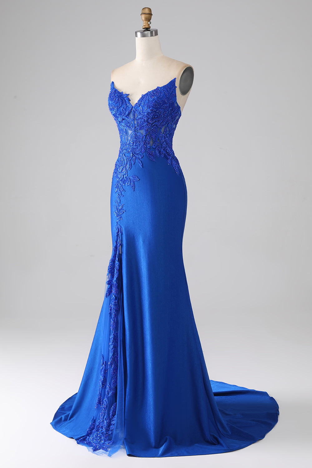 Luolandi Royal Blue Mermaid Strapless Long Beaded Prom Dress With Appliques Sexy Evening Dresses