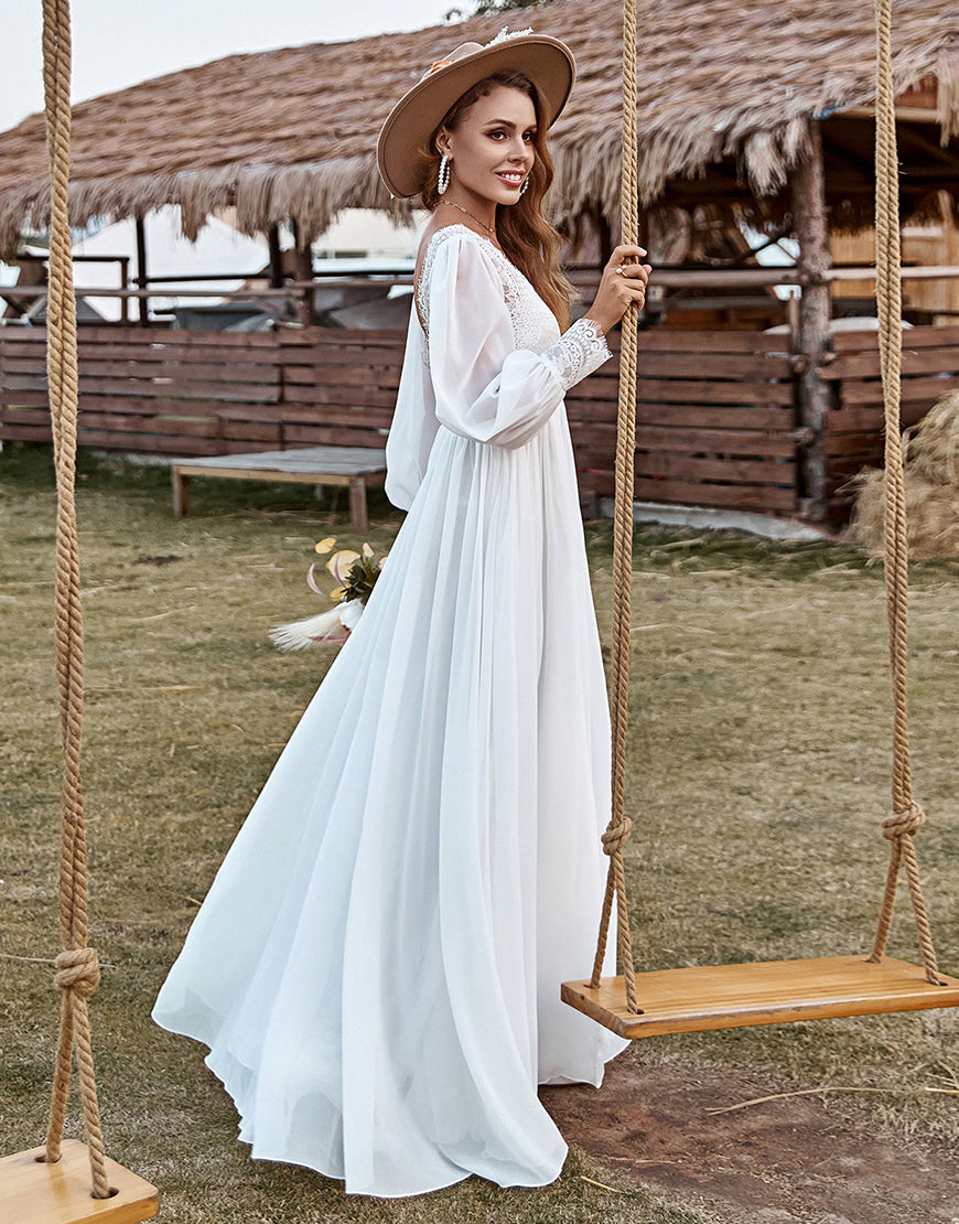 Luolandi Ivory Lace Chiffon V-Neck Long Sleeve Boho Wedding Dress With Slit
