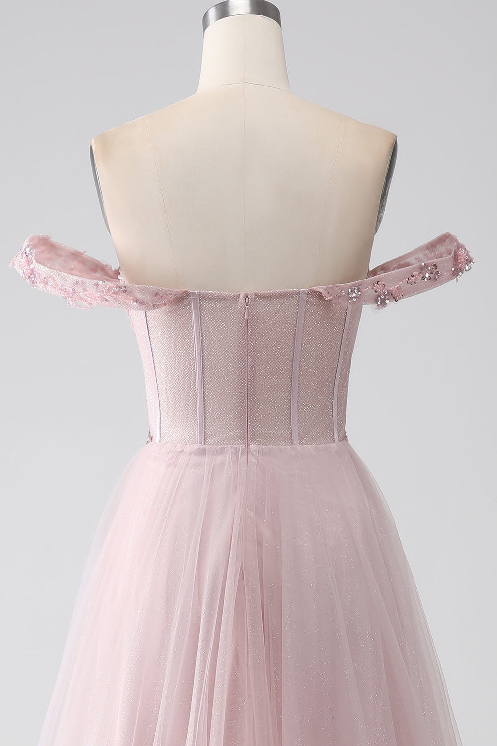 Luolandi Blush A Line Off the Shoulder Sequin Beaded Corset Prom Dress with Slit Beautiful