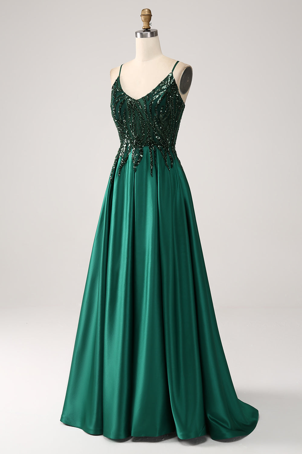 Luolandi Sparkly Dark Green A-Line Spaghetti Straps Long Prom Dress With Sequins Floor Length