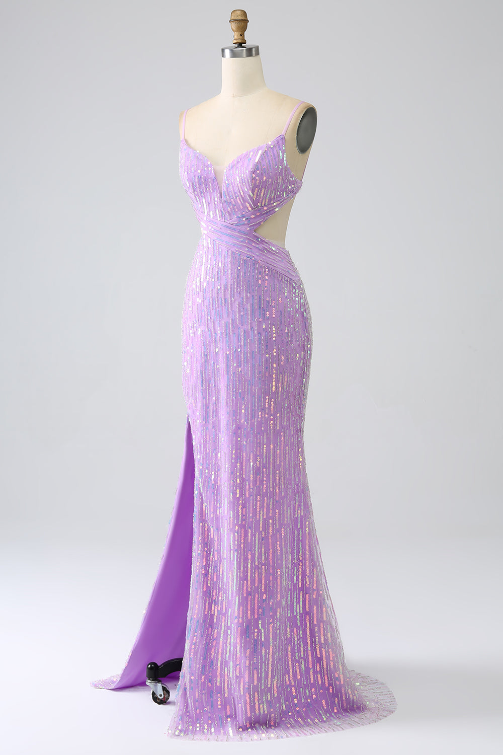 Luolandi Sparkly Purple Mermaid Spaghetti Straps Sequins Prom Dress with Slit Sexy Evening Dresses
