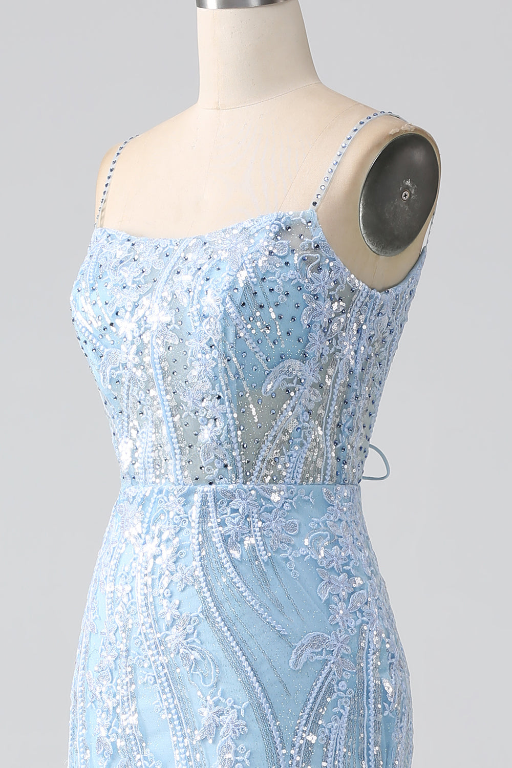 Luolandi Sparkly Sky Blue Mermaid Spaghetti Straps Corset Long Prom Dress With Sequins Beautiful