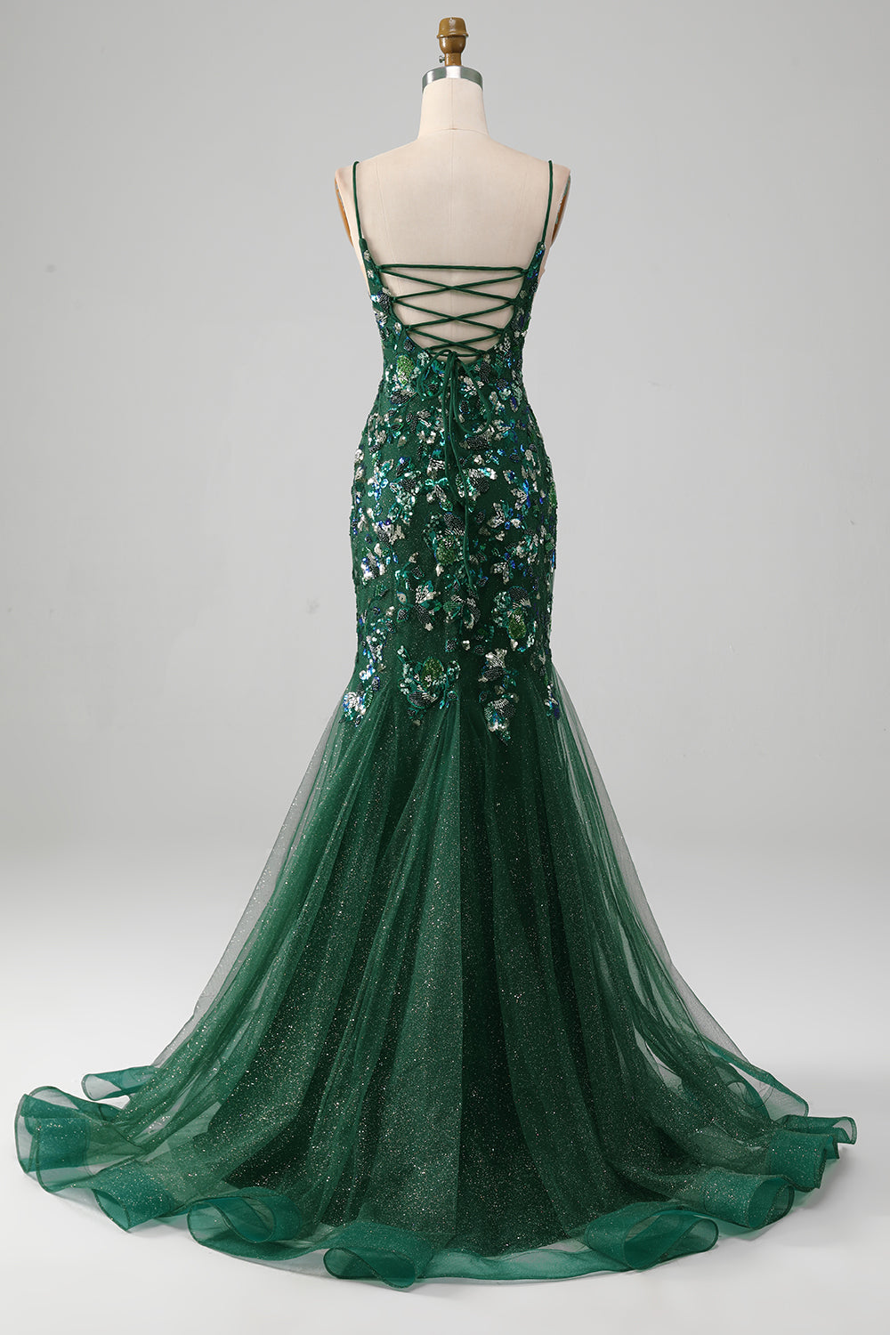 Luolandi Dark Green Mermaid Lace-Up Back Prom Dress with Butterflies Appliques Sexy