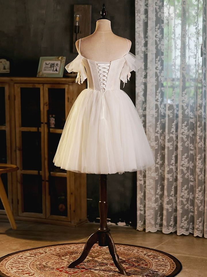 Luolandi Light Champagne Spaghetti Strap Tulle Party Dress Beautiful A-Line Evening Prom Dress Short