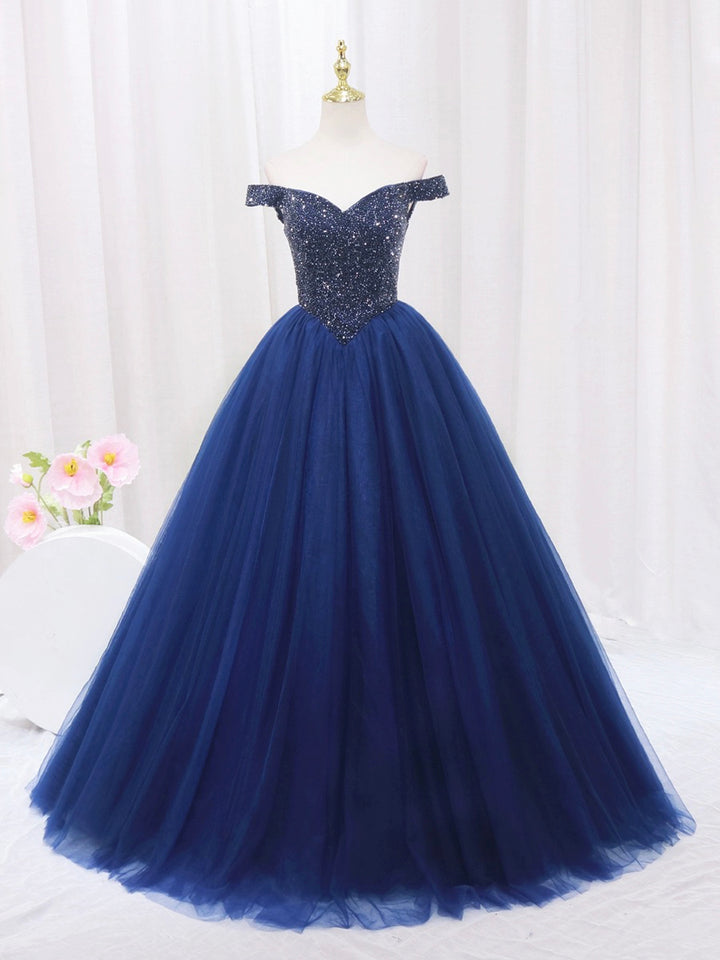 Luolandi Blue Tulle Beaded Long Prom Dress Off the Shoulder Evening Party Dress Sparkly
