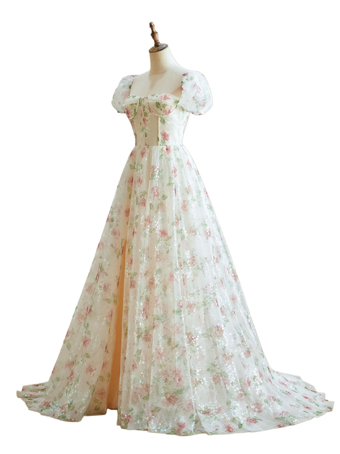 Luolandi A Line Cap Sleeve Sweetheart Lace Tulle Floor Length Floral Prom Dresses With Flowers