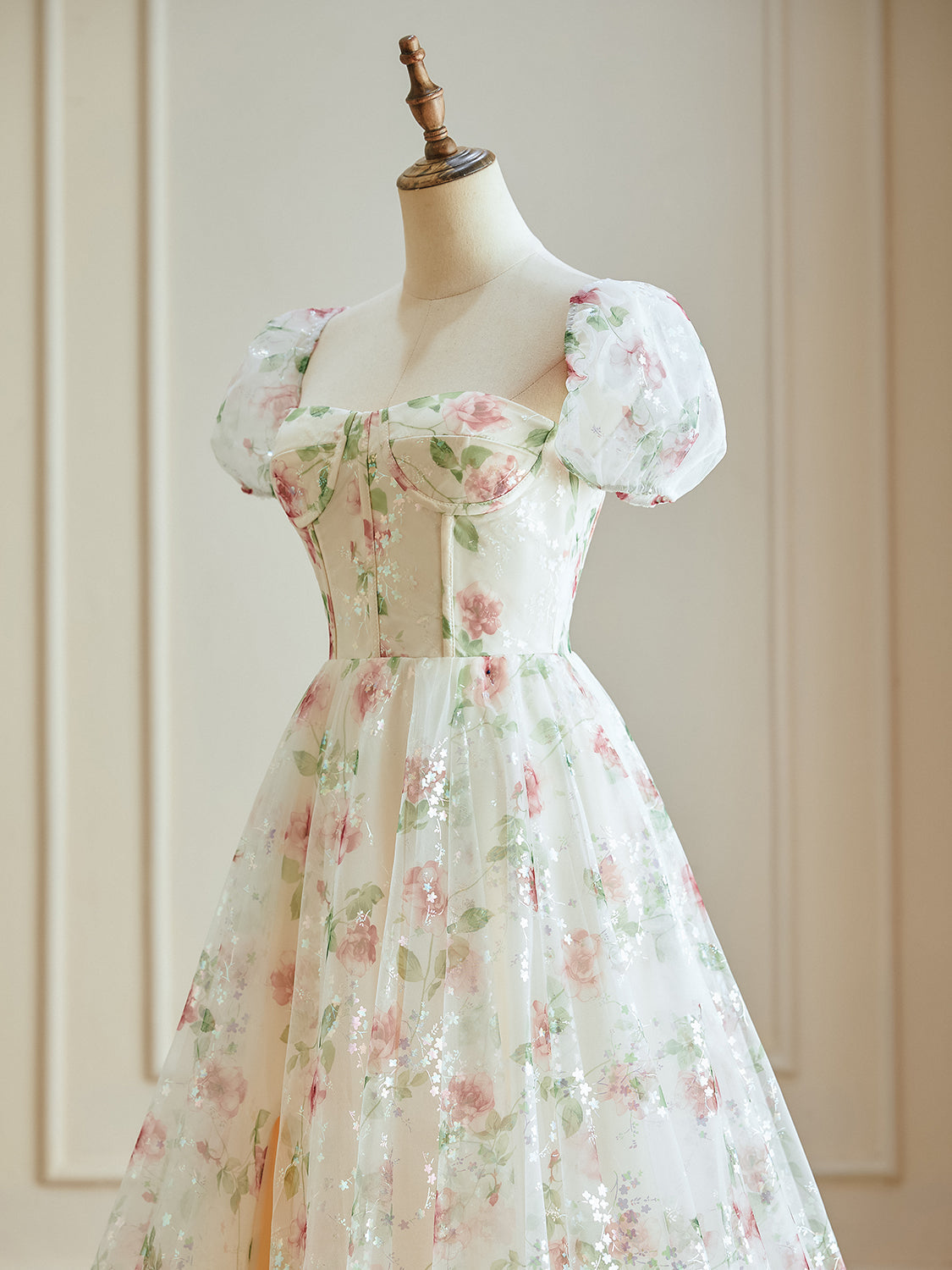 Luolandi A Line Cap Sleeve Sweetheart Lace Tulle Floor Length Floral Prom Dresses With Flowers