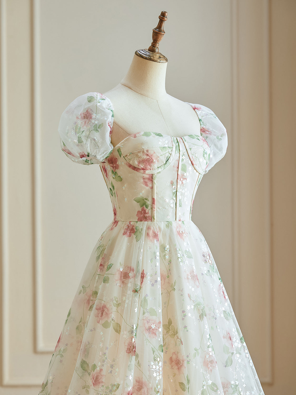 Luolandi A Line Cap Sleeve Sweetheart Lace Tulle Floor Length Floral Prom Dresses With Flowers