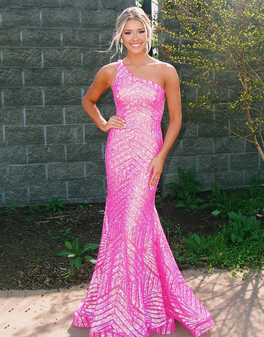 Luolandi Mermaid Sequin Dark Red One Shoulder Prom Dress Sparkly Evening Dresses