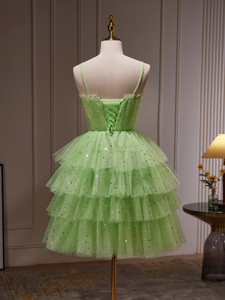 Luolandi Green Tulle Straps Short Party Dress Light Green Homecoming Dress Sparkly