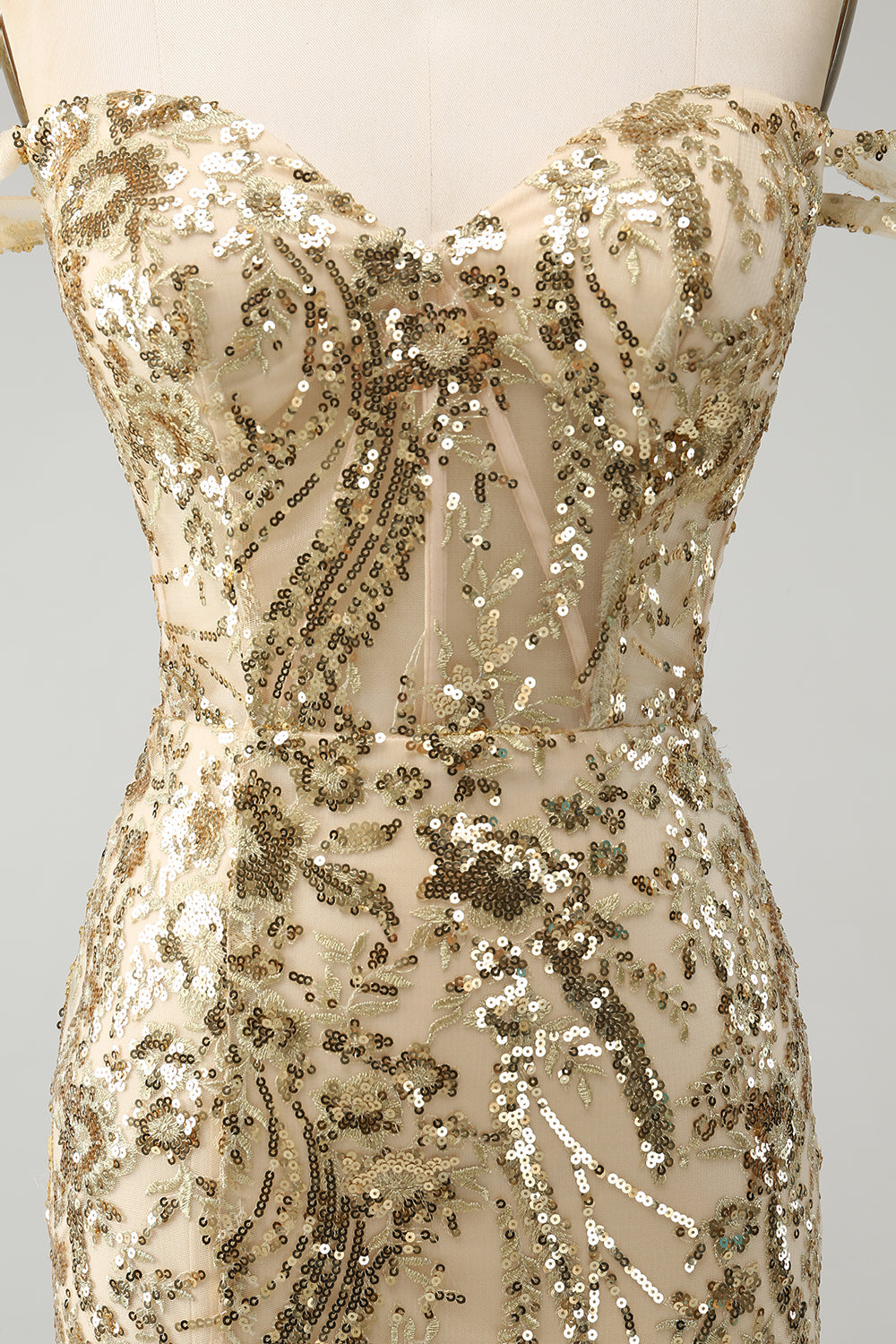 Luolandi Sparkly Golden Bodycon Off The Shoulder Corset Homecoming Dress with Sequins Sexy