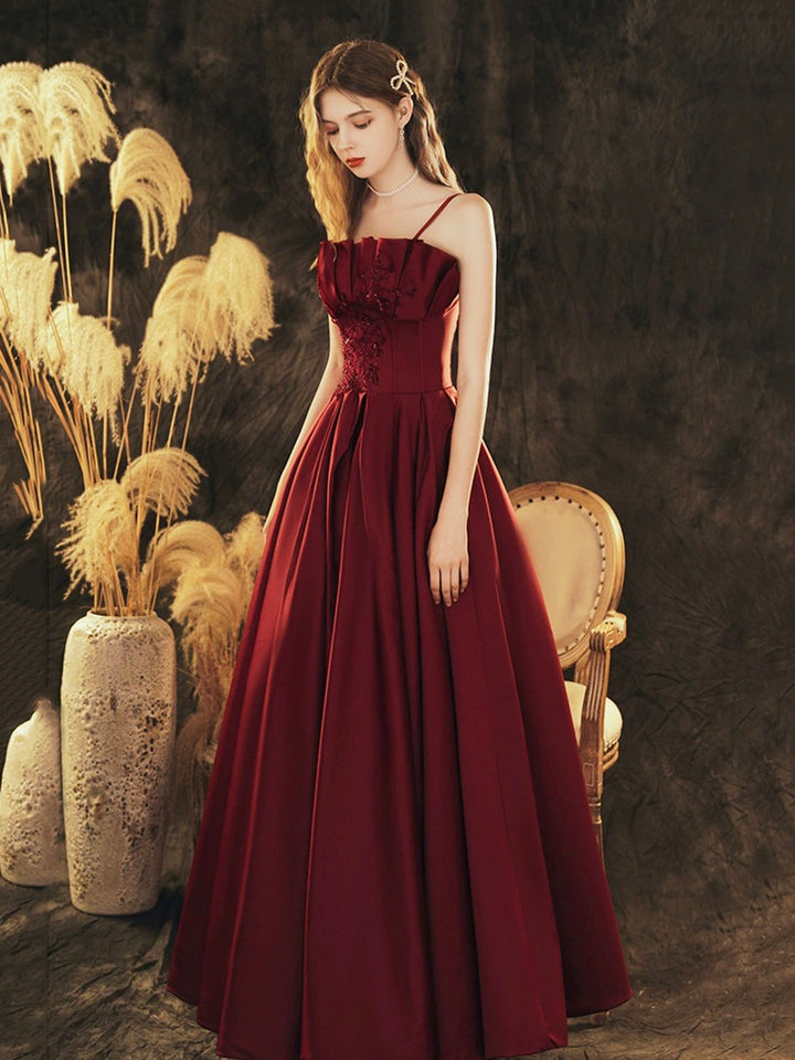 Luolandi Burgundy Satin Beaded Long Prom Dress Beautiful A-Line Evening Party Dress Sexy