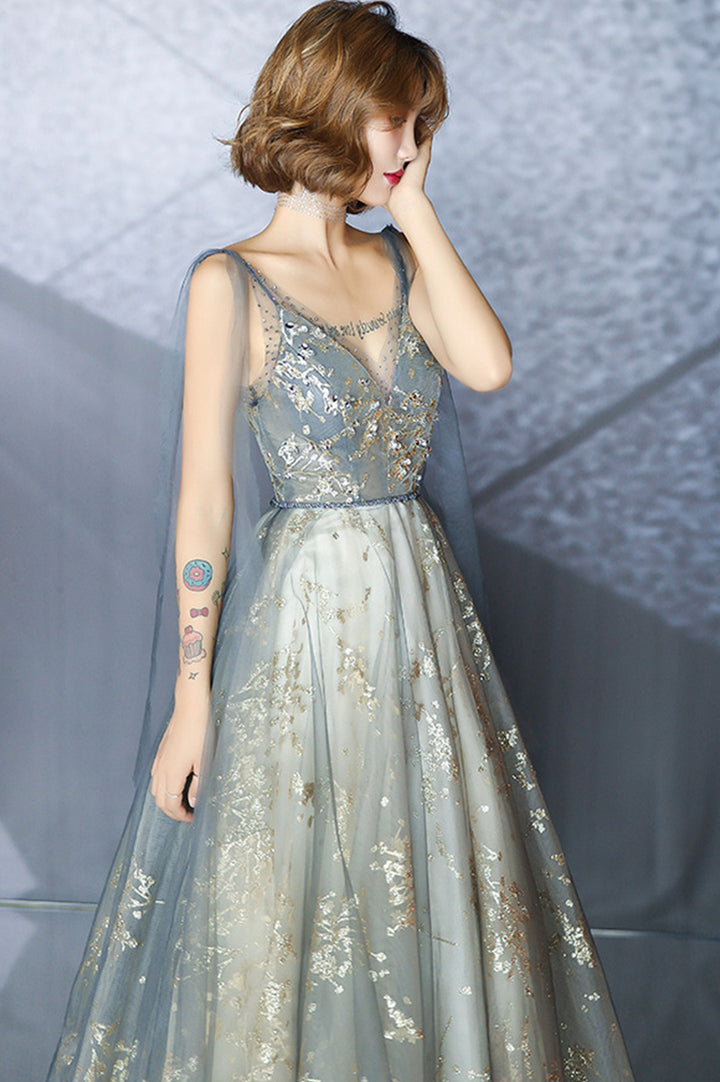 Luolandi Gray Tulle Sequins Long Prom Dresses A-Line Evening Party Dresses Sparkly