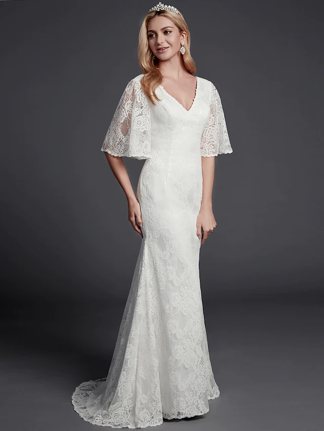 Luolandi Long Wedding Dresses V Neck Lace Half Sleeve Beautiful Back with Lace