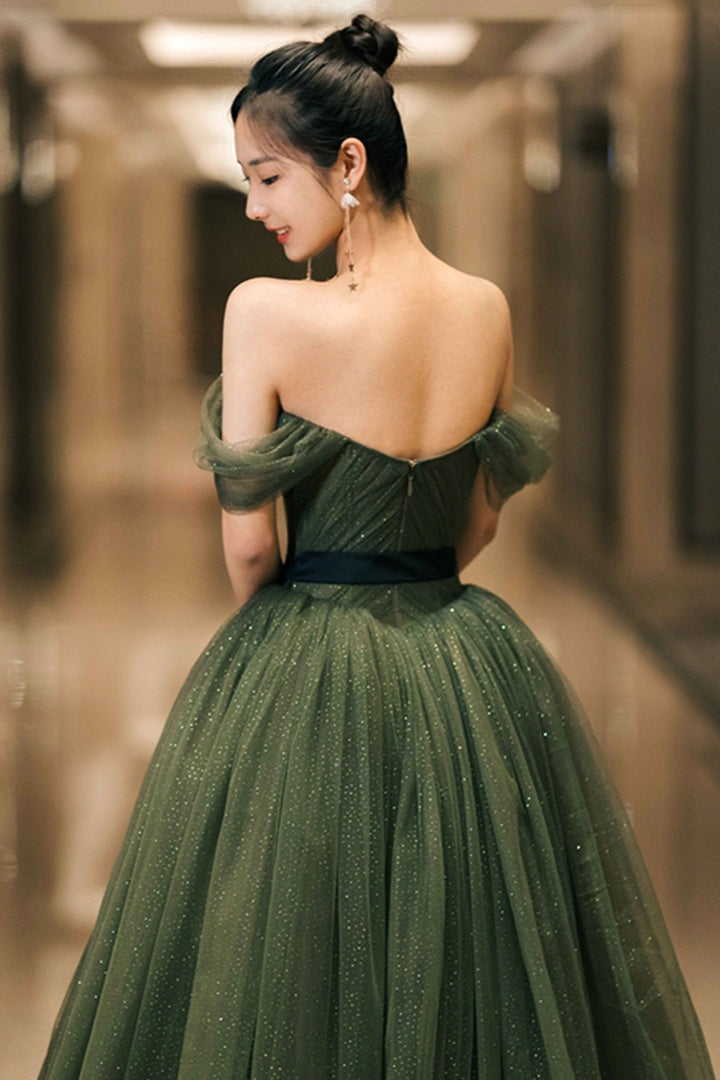 Luolandi Beautiful Green Tulle Long Prom Dress A-Line Off the Shoulder Graduation Dress Sexy Party Dress