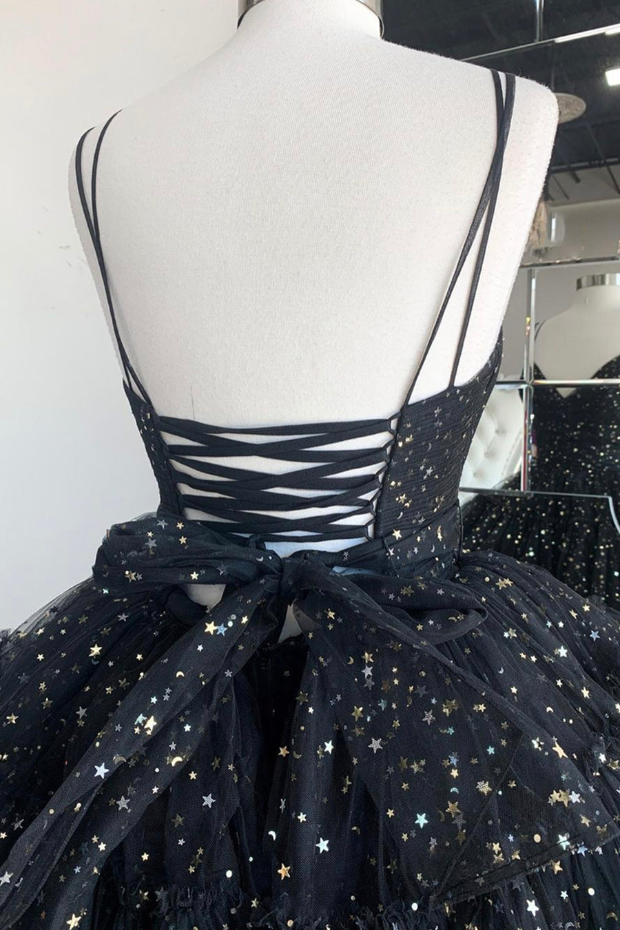 Luolandi Black V-Neck Tulle Long Prom Dresses High Low Evening Party Dresses Sparkly