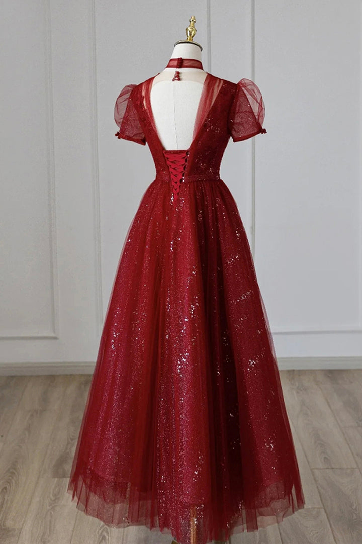 Luolandi Burgundy Tulle Sequins Tea Length Prom Dress A-Line Evening Dress V-neck Without Neck accessories