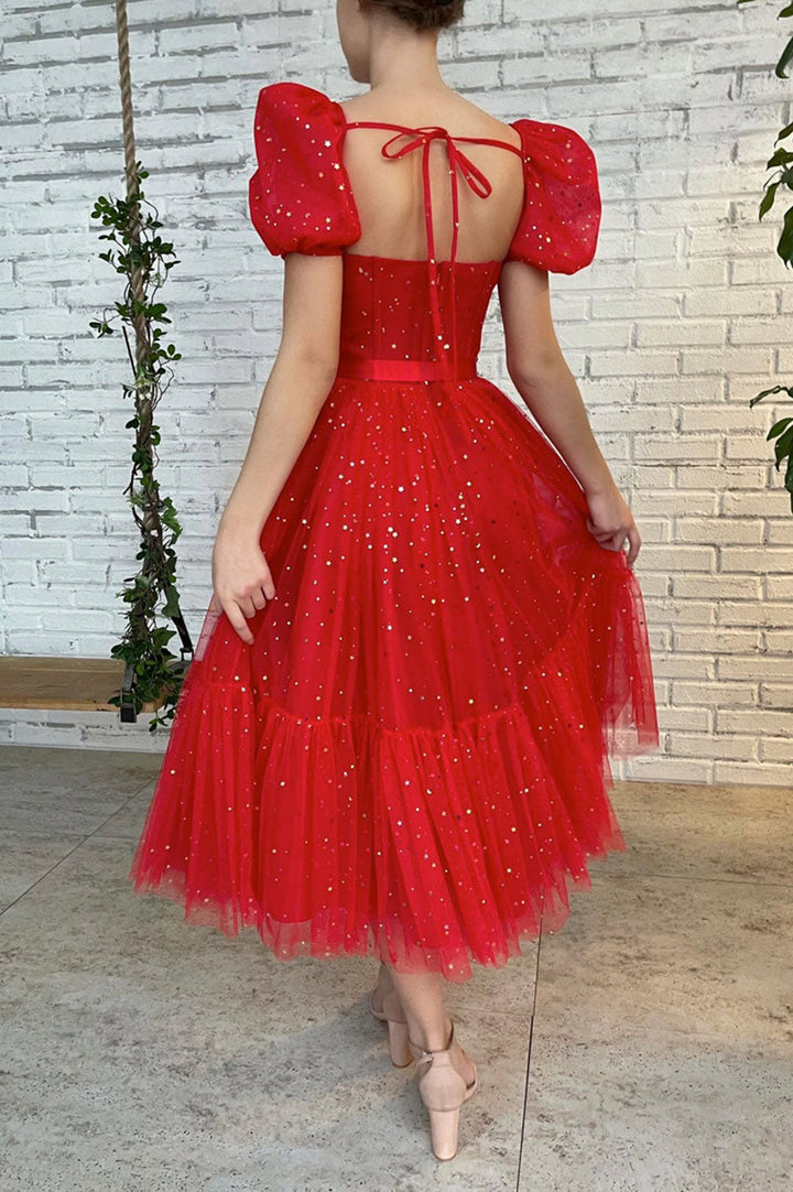 Luolandi Red Tulle Short A-Line Prom Dresses Cute Evening Party Dresses Sparkly