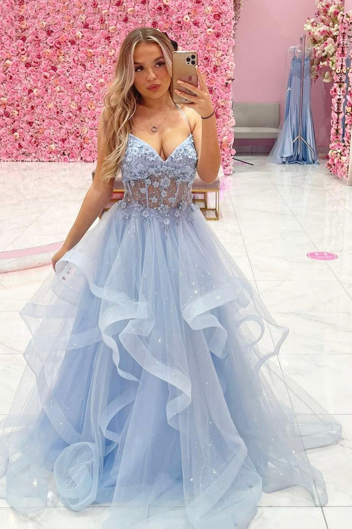 Luolandi Blue Tulle Lace Long Prom Dresses A-Line Party Dresses V-neck Sexy