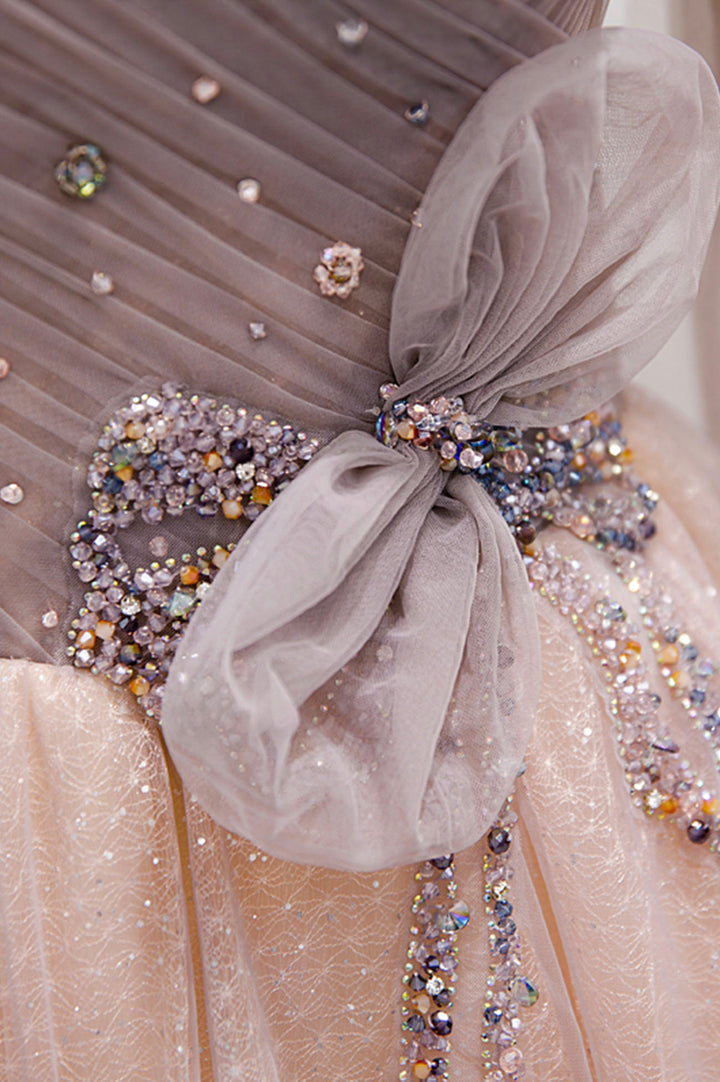 Luolandi Pink Tulle Beaded Long Prom Dress Off the Shoulder Evening Dress With Bow