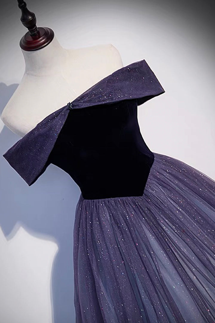 Luolandi Purple Velvet Tulle Long Prom Dresses A-Line Off the Shoulder Evening Dresses Sparkly