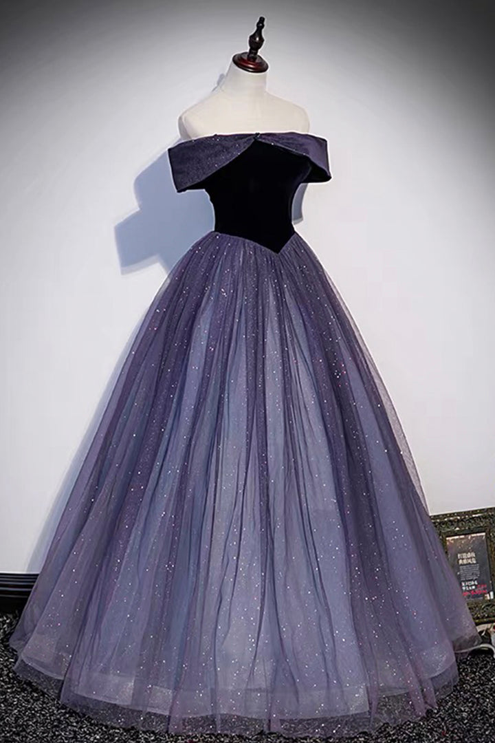 Luolandi Purple Velvet Tulle Long Prom Dresses A-Line Off the Shoulder Evening Dresses Sparkly