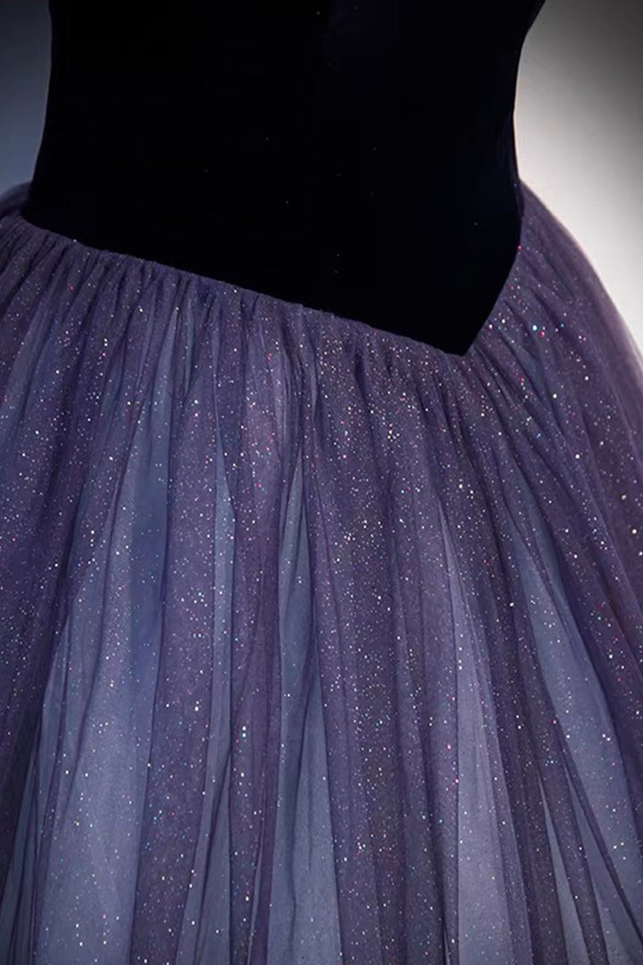 Luolandi Purple Velvet Tulle Long Prom Dresses A-Line Off the Shoulder Evening Dresses Sparkly
