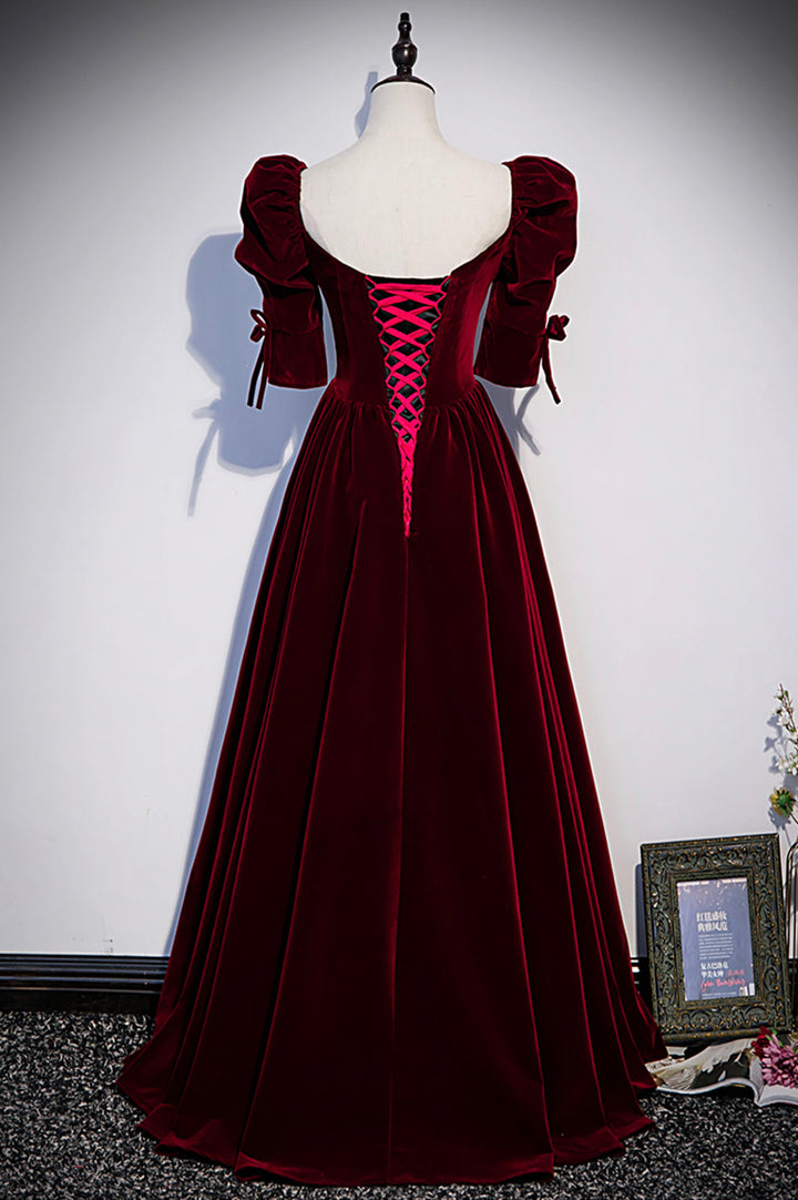 Luolandi Burgundy Velvet Long Prom Dresses A-Line Short Sleeve Evening Dresses Floor Length