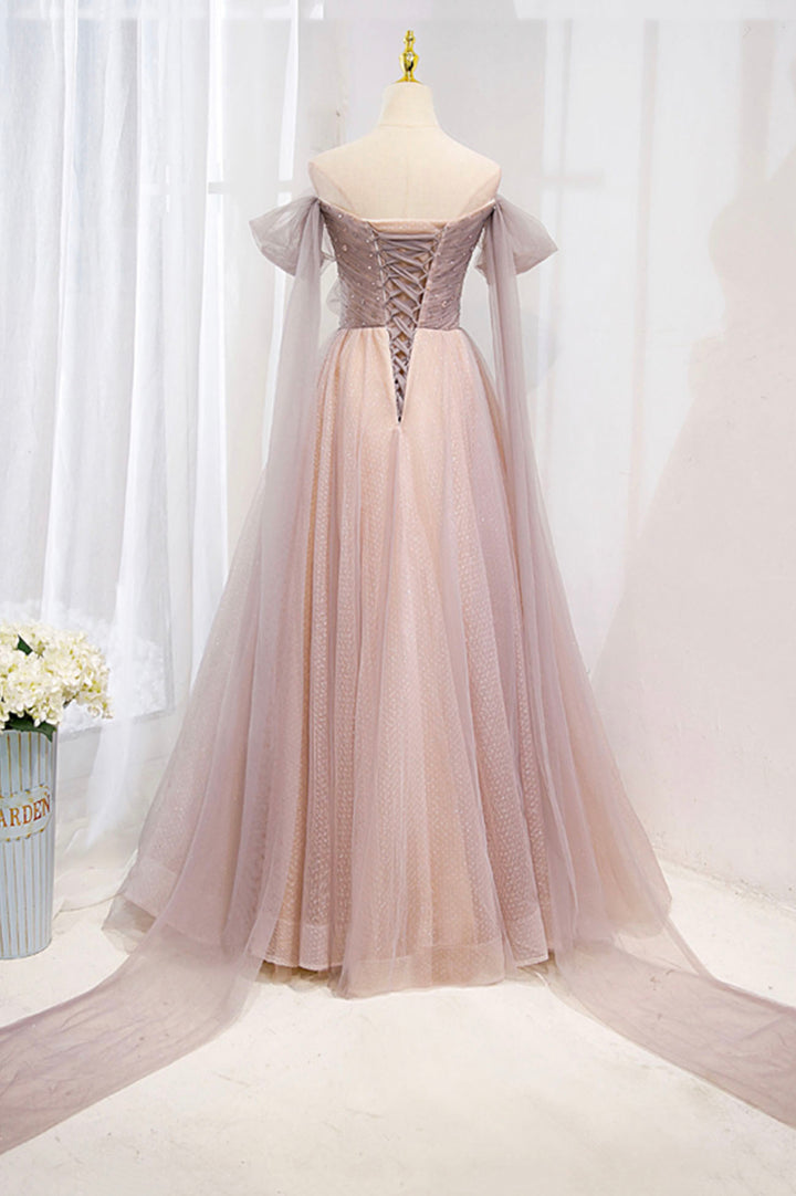 Luolandi Pink Tulle Beaded Long Prom Dress Off the Shoulder Evening Dress With Bow