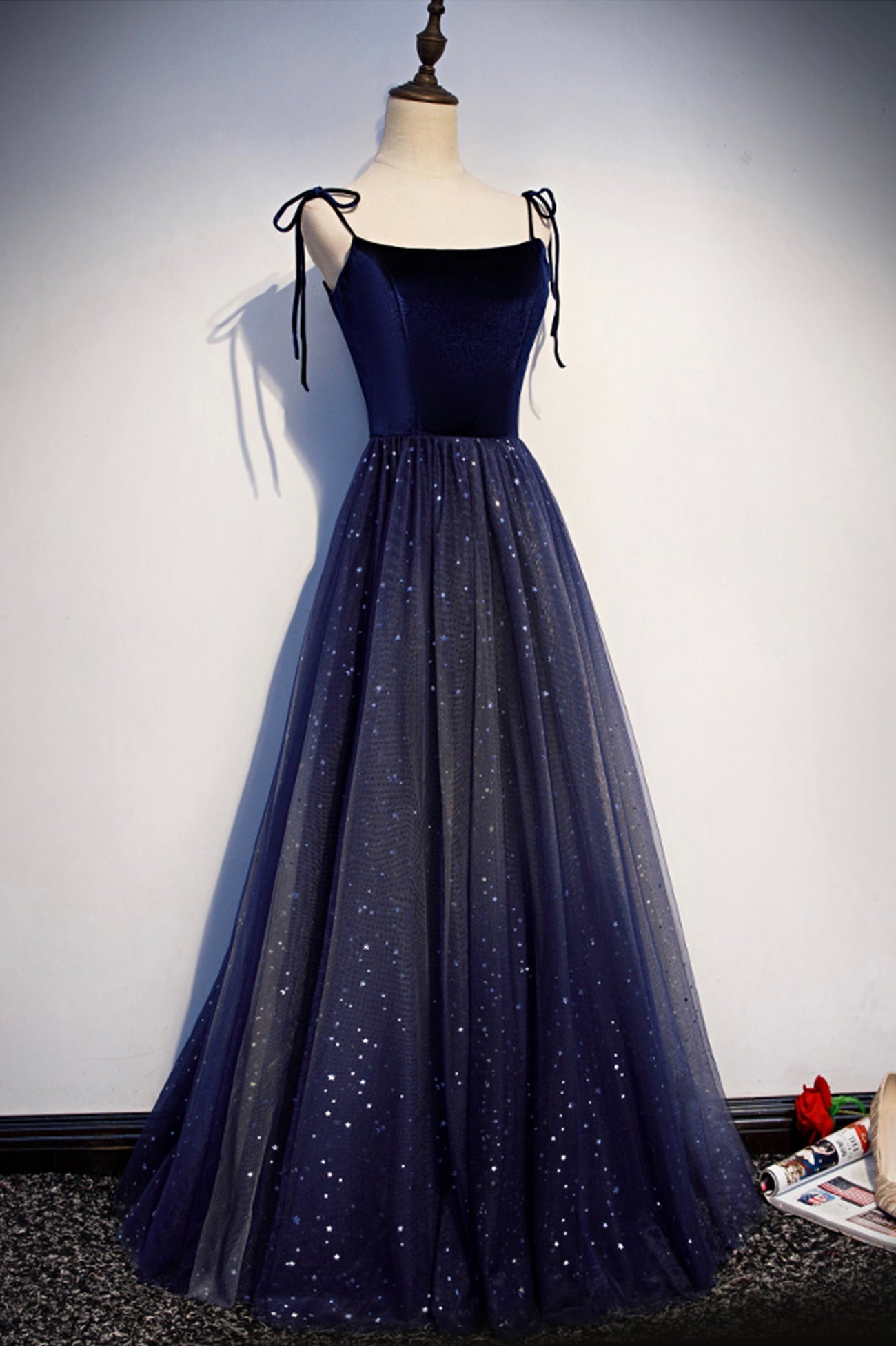 Luolandi Charming Velvet Tulle Long Prom Dresses Lovely A-Line Graduation Dresses Sparkly Evening Dresses