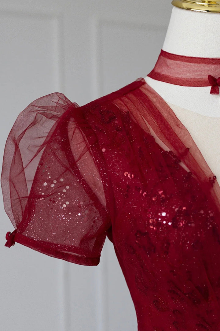 Luolandi Burgundy Tulle Sequins Tea Length Prom Dress A-Line Evening Dress V-neck Without Neck accessories