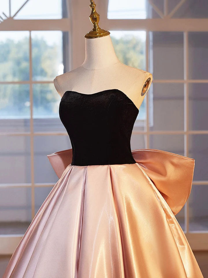 Luolandi Black Velvet and Pink Satin Floor Length Prom Dress Beautiful A-Line Strapless Party Dress With Bow