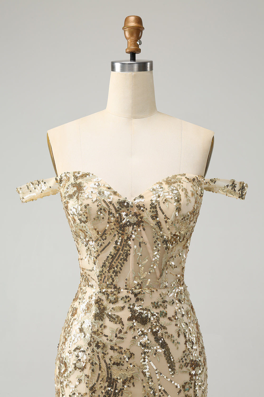 Luolandi Sparkly Golden Bodycon Off The Shoulder Corset Homecoming Dress with Sequins Sexy