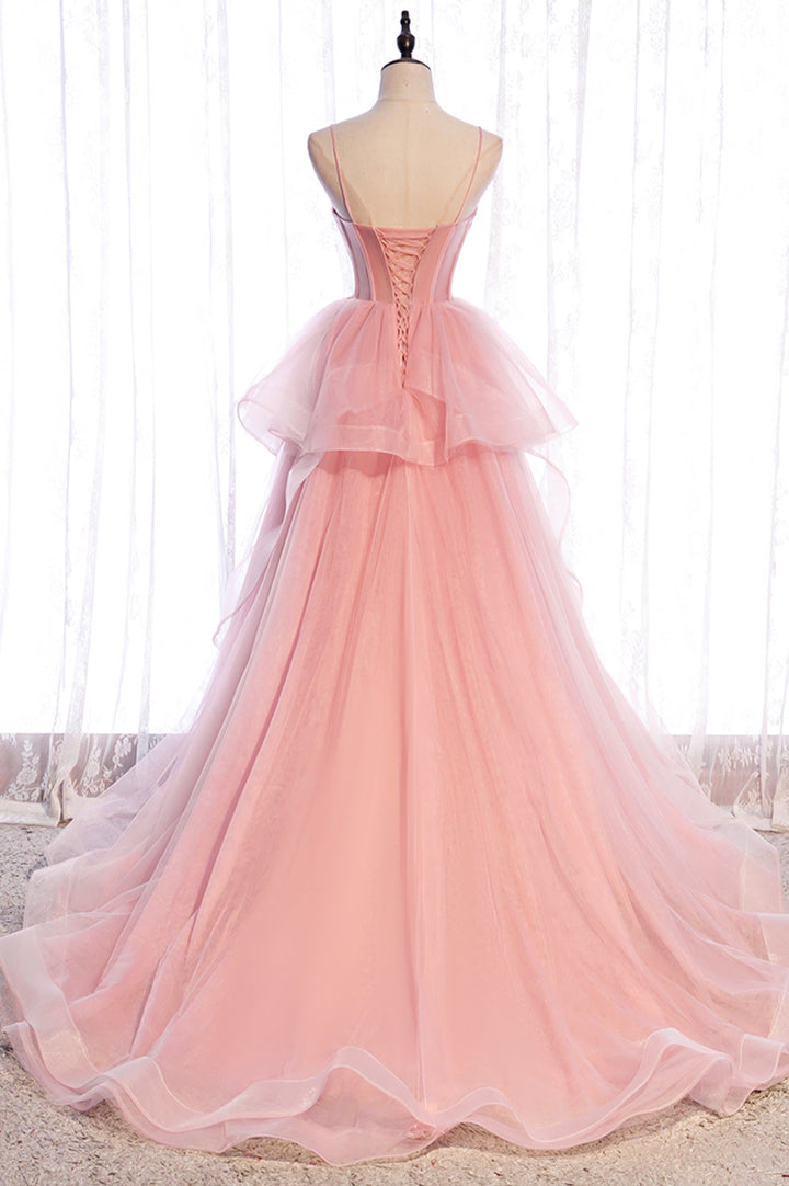 Luolandi Pink Tulle Long Prom Dresses A-Line Evening Dresses Party Dress Charming
