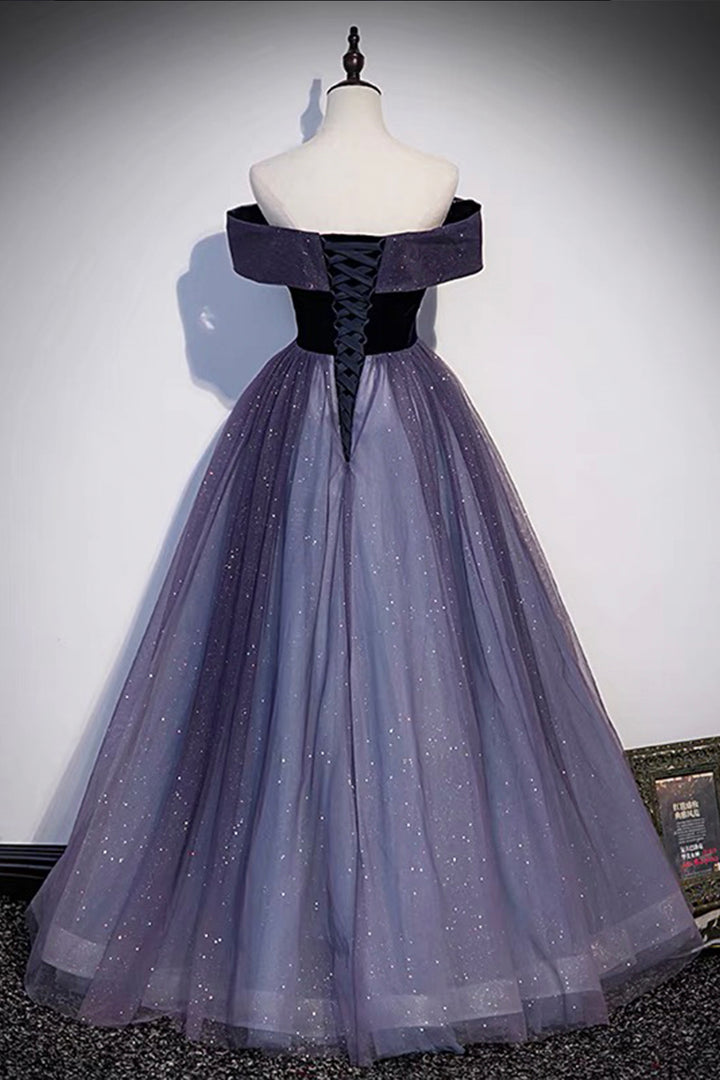 Luolandi Purple Velvet Tulle Long Prom Dresses A-Line Off the Shoulder Evening Dresses Sparkly