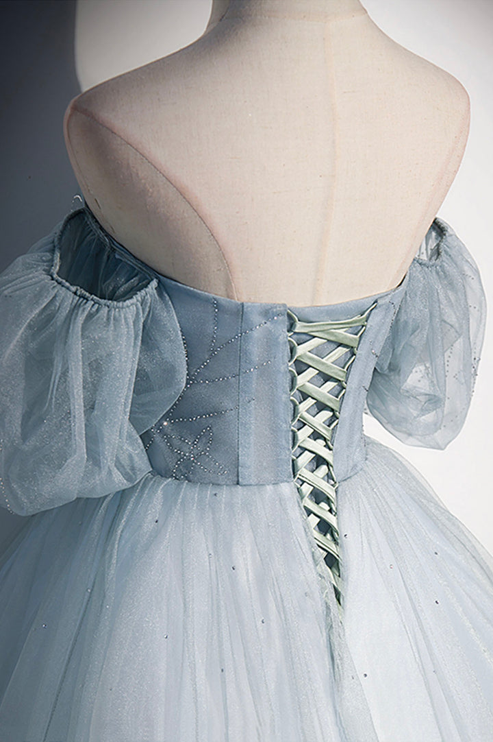 Luolandi Blue Tulle Long A-Line Prom Dress Blue Off the Shoulder Evening Dress Sexy