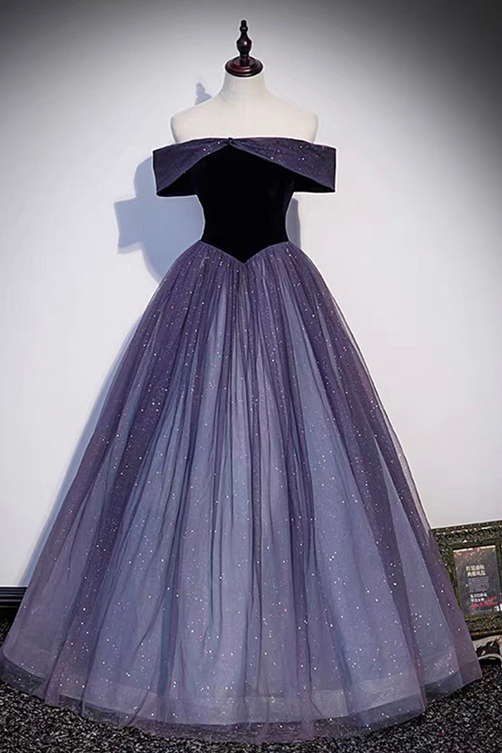 Luolandi Purple Velvet Tulle Long Prom Dresses A-Line Off the Shoulder Evening Dresses Sparkly